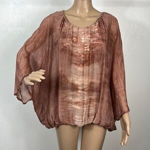 Scandal Tie Dye Brown Brick And Cream Color Sheer Sleeve Top Blouse Size M
